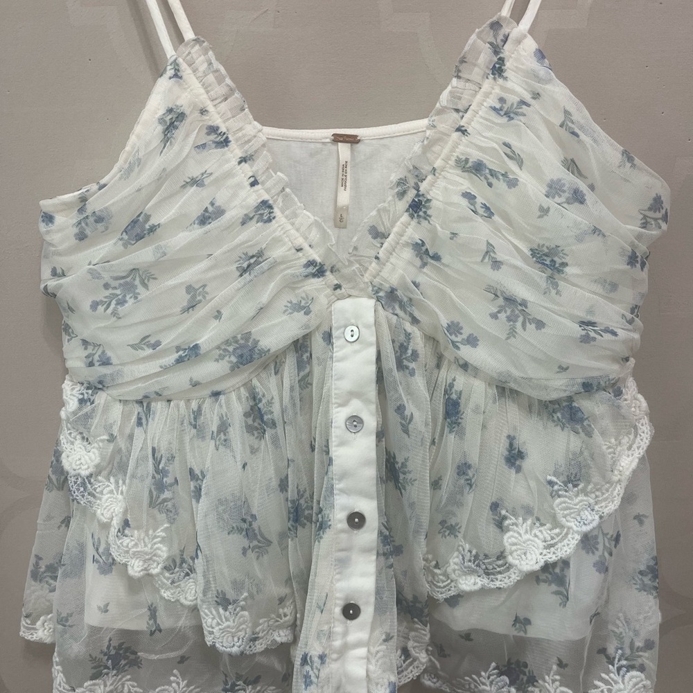 Free People White Sheer Floral Ruffle Button-Front Tank Top
